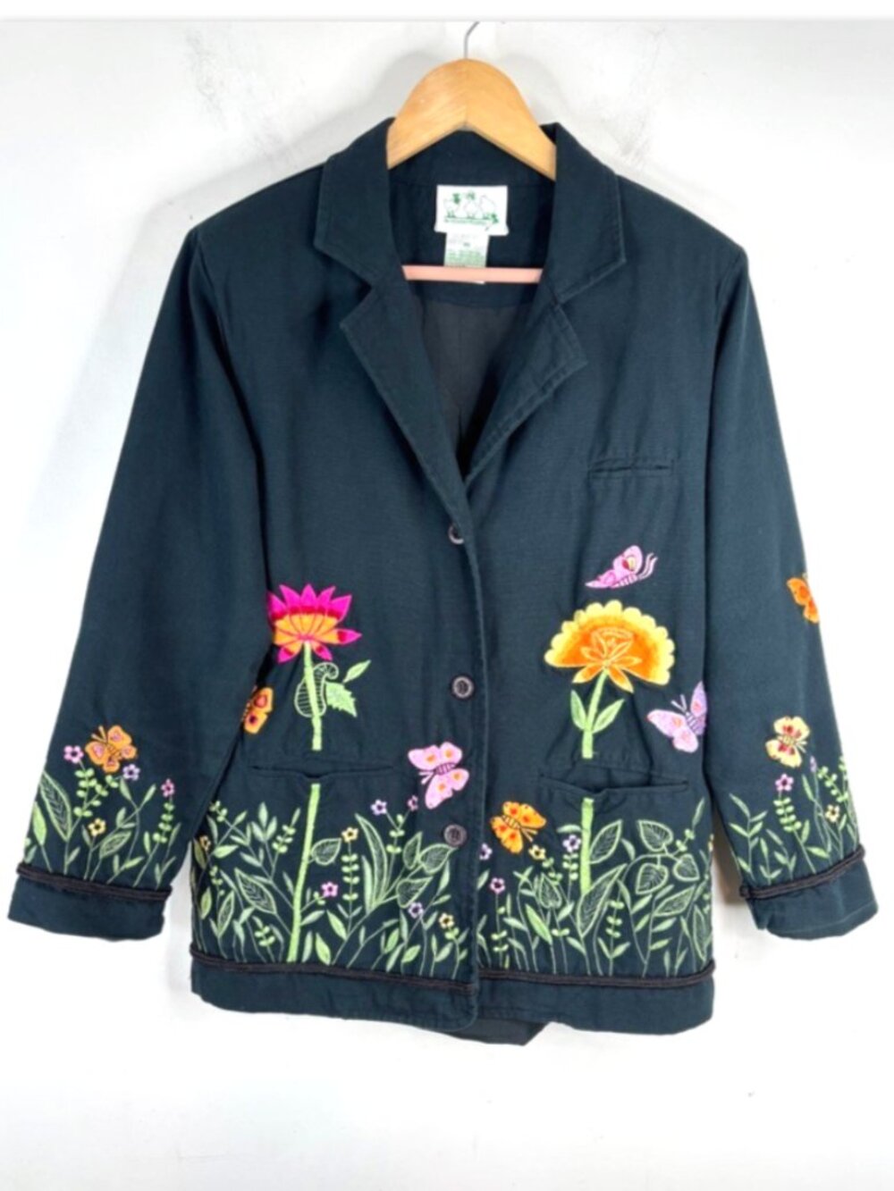 Quacker Factory Blazer XS Black Floral Embroidered Butterfly Lagenlook Artsy